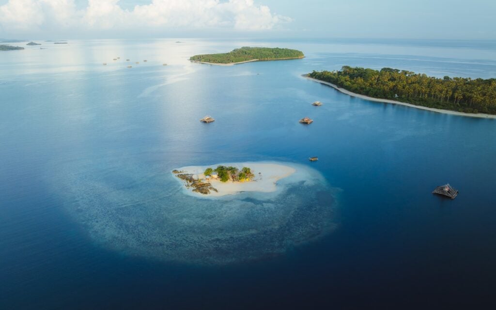 Aerial view of the Gili Islands off the coast of Lombok Indonesia with turquoise water and white sand beaches
