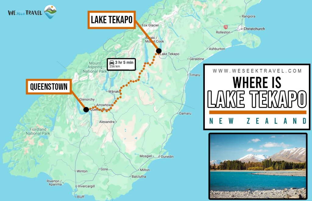 Map showing the distance between Queenstown and Lake Tekapo