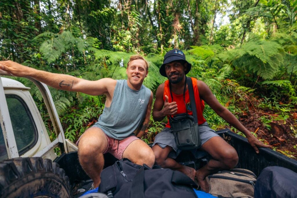 About Olly Gaspar &Amp; We Seek Travel Olly gaspar and friend on the back of a landcruiser at kolombangara island, solomon islands