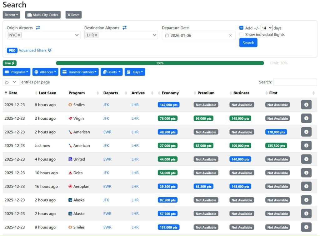 seats.aero search tool for booking flights with points