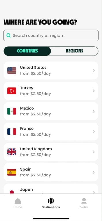 Destination page on Truely eSIM app