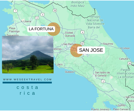 map of costa rica highlight San Jose and La Fortuna