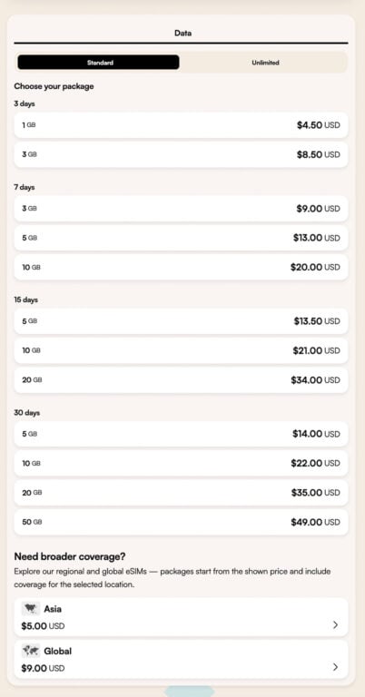 Indonesia pricing table for Airalo travel esims