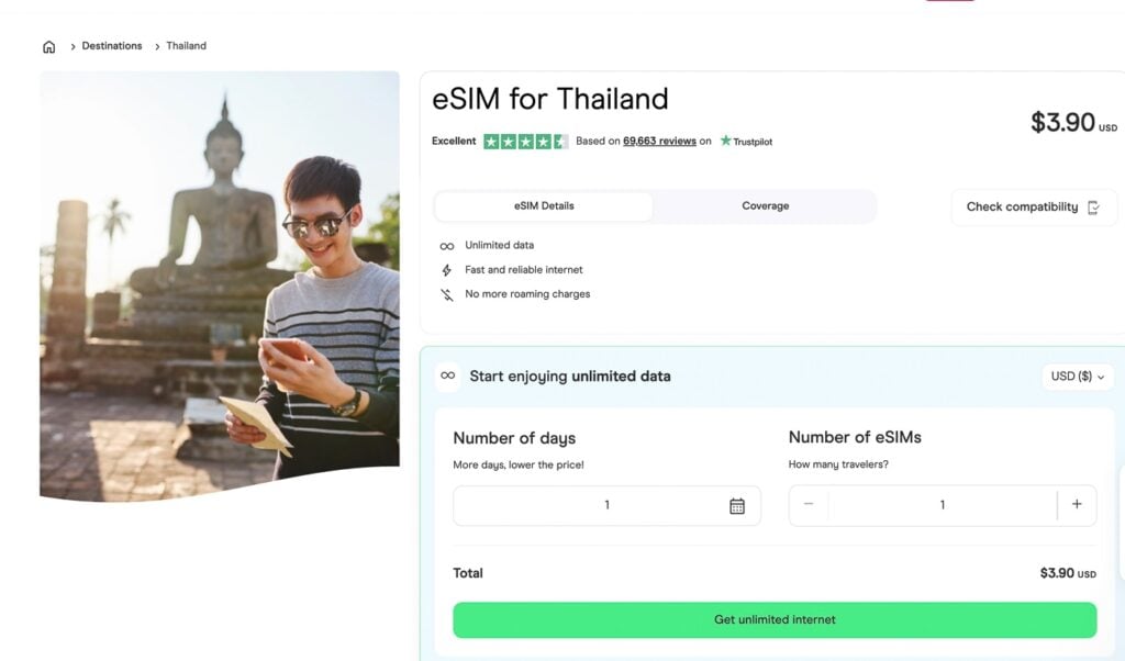 eSIM for Thailand screenshot of Holafly's website