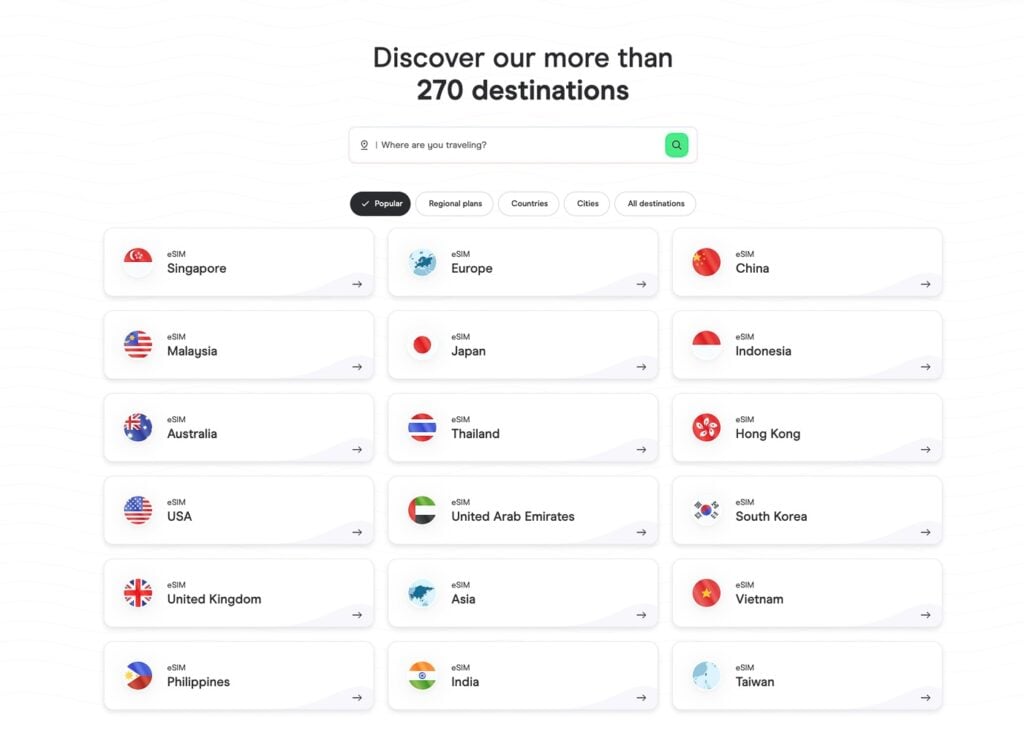 Holafly destinations page screenshot