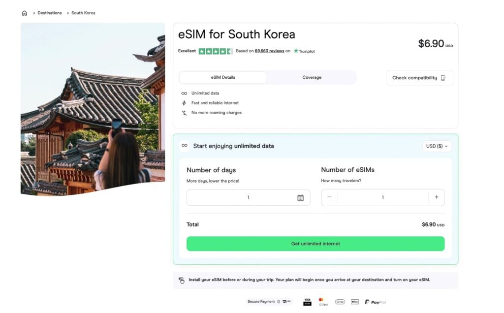 eSIM for South Korea screenshot of Holafly's website
