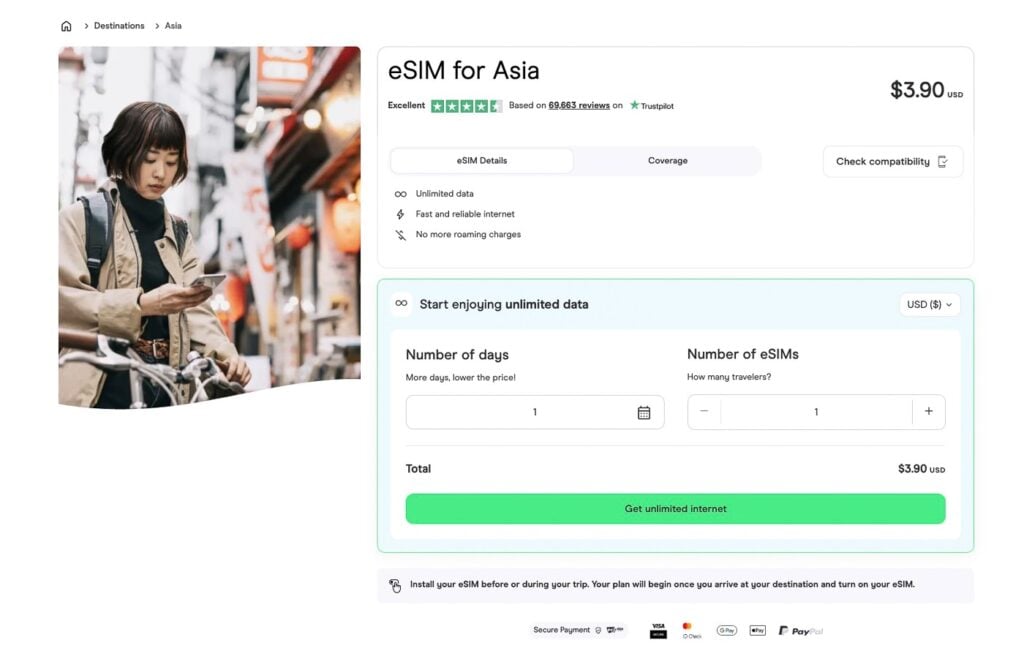 eSIM for Asia screenshot of Holafly's website