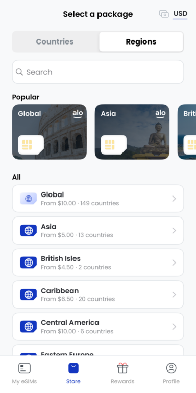 Screenshot displaying aloSIM data packages