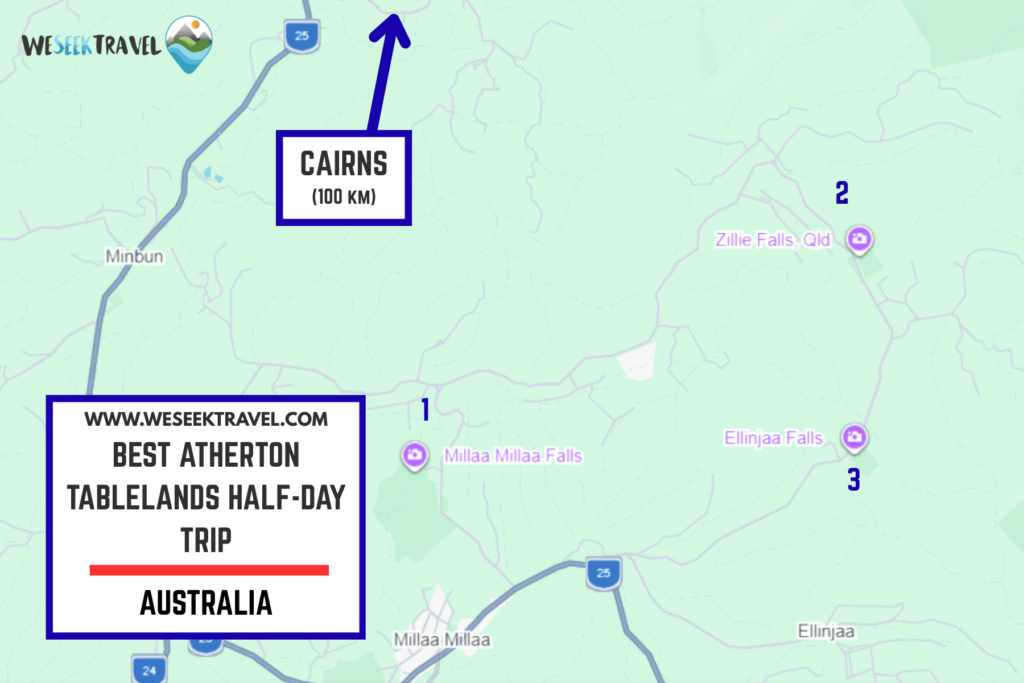 Map overview of Atherton Tablelands Waterfall half-day trip