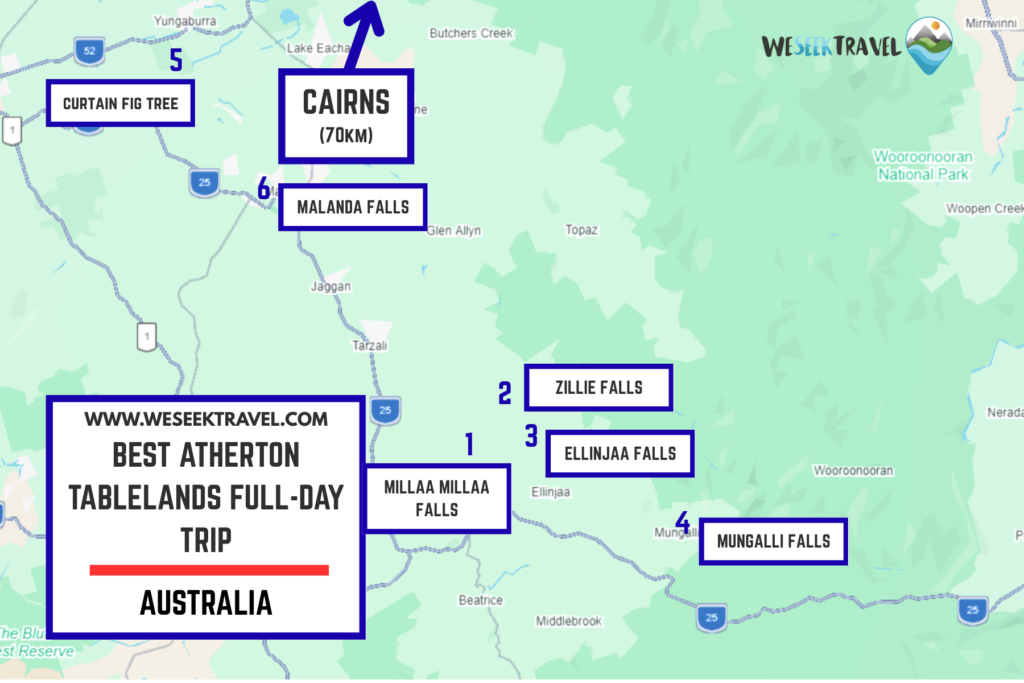 Map of Atherton Tablelands Waterfall full day circuit