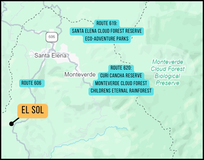 Map of Monteverde region with the hotel El Sol Monteverde marked