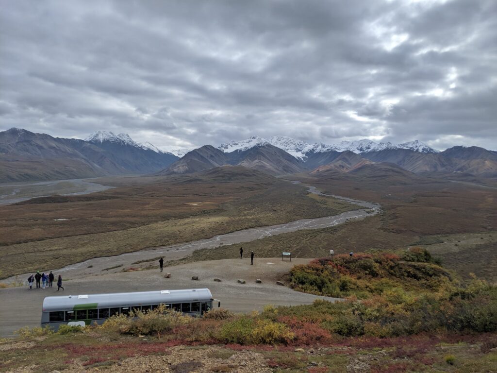 A shuttle bus stop along Denali Road