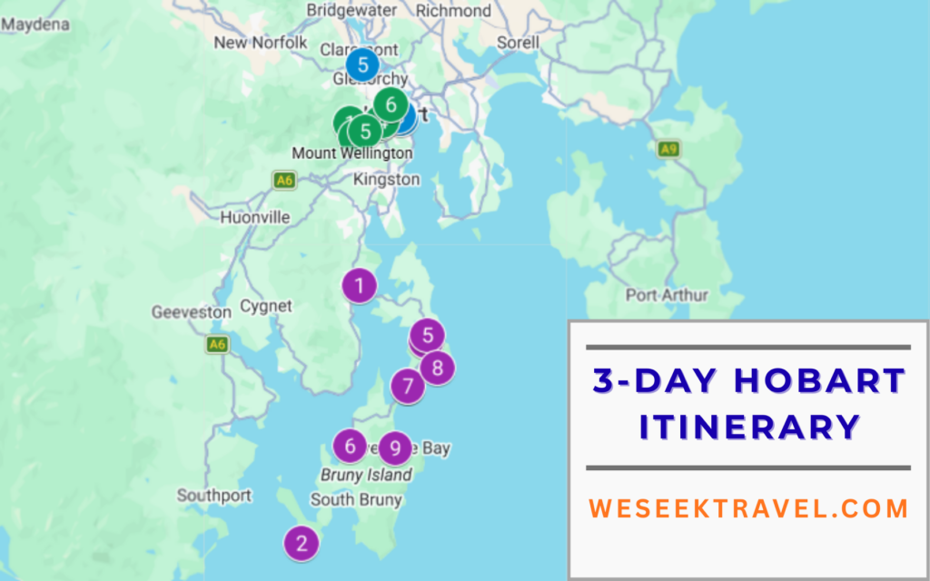 Map showing a 3 day Hobart itinerary including Salamanca Place, Mount Wellington, and a Bruny Island day trip
