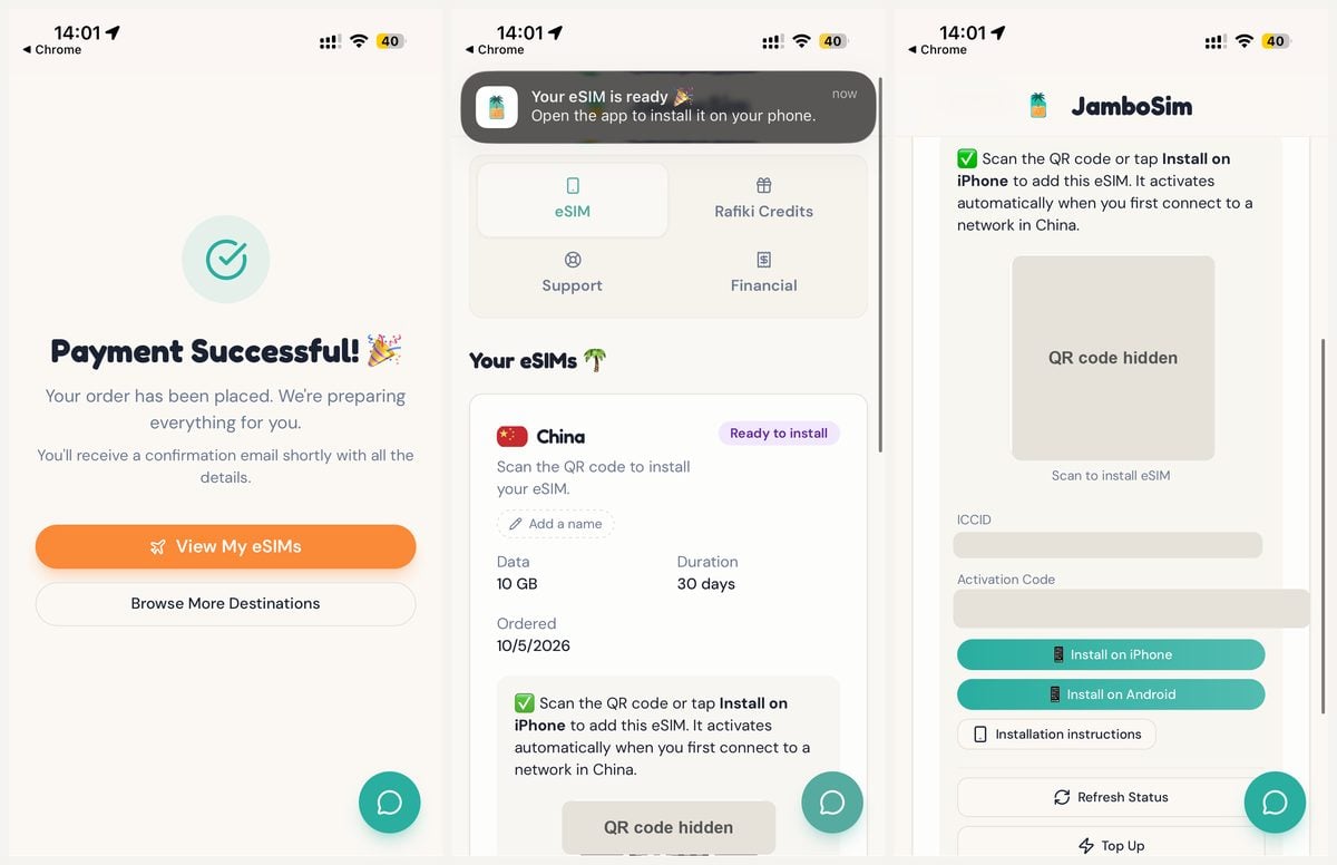 Jambosim Review: Is This Cheap Esim Worth It? (Honest Test) Three jambosim app screens on an iphone showing a successful payment, a china 10 gb esim ready to install, and the install on iphone button with the qr code hidden