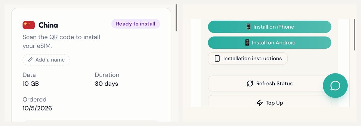 Jambosim Review: Is This Cheap Esim Worth It? (Honest Test) Jambosim app esim card showing a china 10 gb plan for 30 days, with install on iphone, refresh status and top up buttons