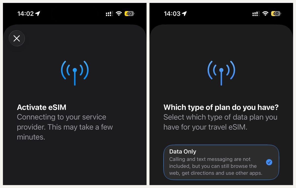 Jambosim Review: Is This Cheap Esim Worth It? (Honest Test) Iphone esim setup screens showing activate esim connecting to the service provider and a data only plan type selected