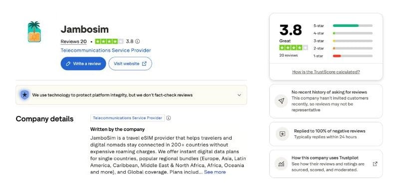 Jambosim Review: Is This Cheap Esim Worth It? (Honest Test) Jambosim trustpilot profile showing a 3. 8 out of 5 trustscore from 20 reviews