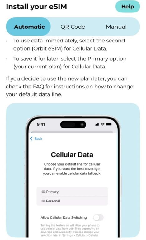Best Esims For Travel In 2026: 7 Tested By A Full-Time Traveler Orbit mobile app install screen on iphone with automatic, qr code and manual esim install options